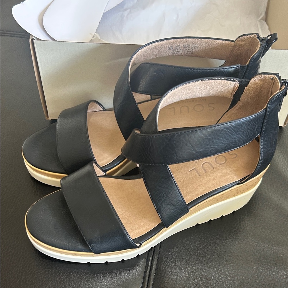 SoulCycle Black and Cream Wedge Sandals